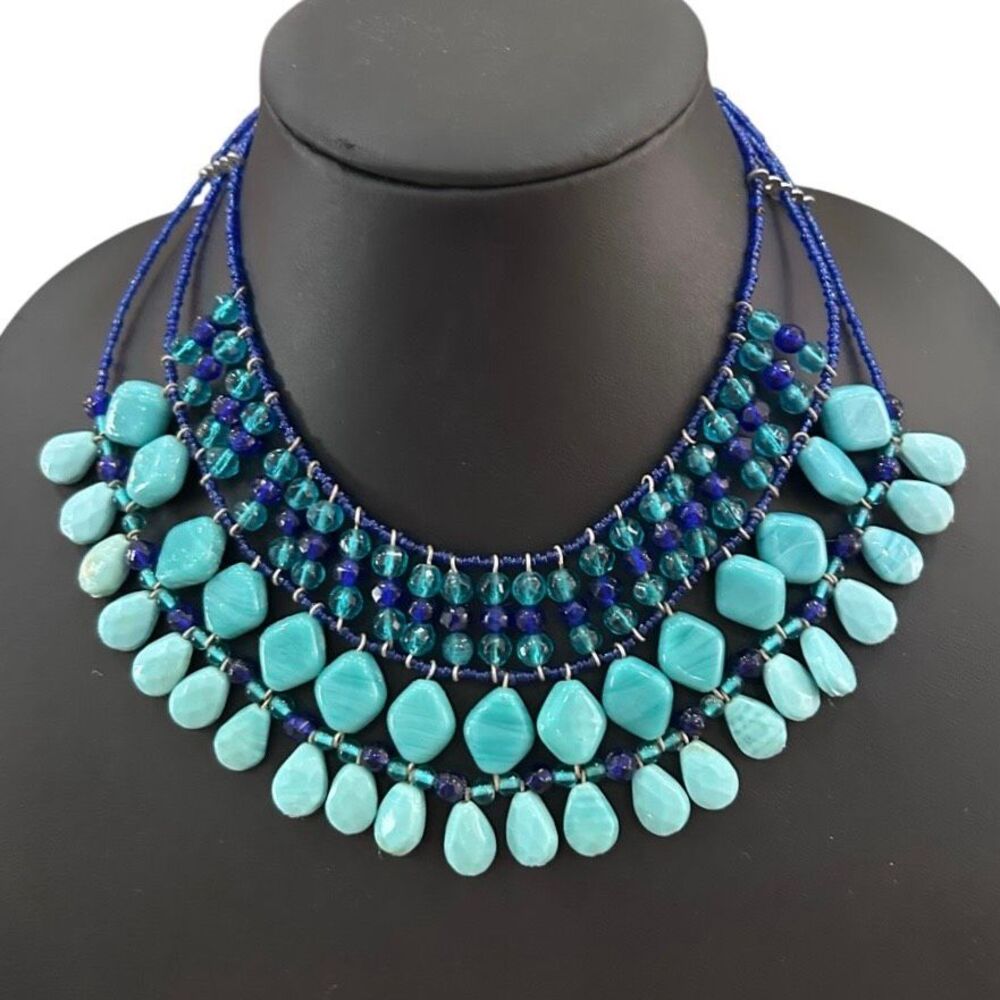 Multi strand Bib Statement Necklace Faux Turquoise & Blue Bead Tiered Waterfall - Picture 1 of 9
